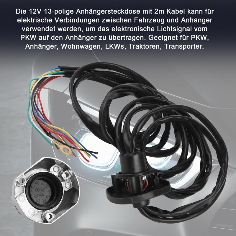 liangren 13-Pin Trailer Socket with 2 m Cable, Waterproof Towing