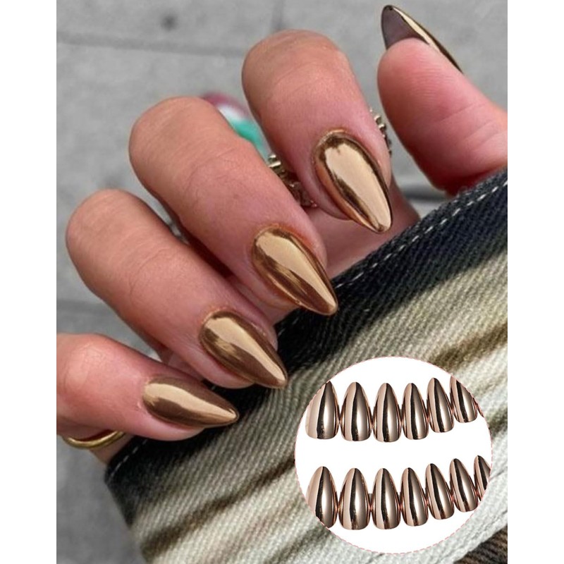 LOZTBUE 24 Medium Nails Light Bronze Chrome Apricot Mirrored Metal