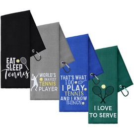 VitalCozy 4 Pieces Tennis Towel Funny Embroidered Tennis Towel with 4 Clip Sports Court Accessory Gifts for Men Women(Classic Style)
