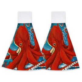 Watercolor Underwater Animal Octopus Kitchen Hand Towels Hand Tie Towels Set of 2 PCS Dish Towels with Loops Tea Bar Dish Cloths Towel for Bathroom Home