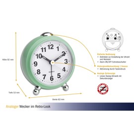 TFA Dostmann Analoger Wecker, im Retro Look, geräuscharmes Uhrwerk, Kunststoff, Mint, (L) 83 x (B) 53 x (H) 92 mm