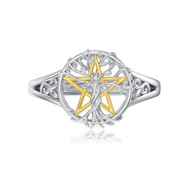 Pentagram Rings 925 Sterling Silver Witch Tree of Life Rings Pentagram Magic Amulet Rings Jewellery Gifts for Women, Sterling Silver
