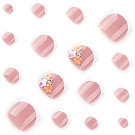24 Pcs Pink Press On Toenails for Women,YEFIUO Acrylic Fake Toe Nails Press ons Nail Art Rhinestone Glitter White French Glossy Design Full Cover False Nails Glue on Toe Nails Stick on Nails for Ma'am