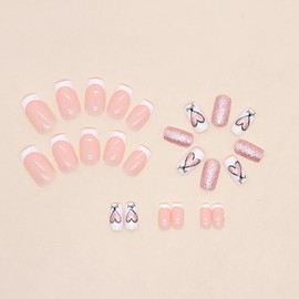 Press on Nails Medium Square Love Heart False Nails with Design Valentine's Glitter Fake Nails White French Acrylic Nails Full Cover Glossy Coffin Artificial Nails, Glue on Nails for Women 24Pcs