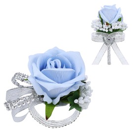 Vkkperp 2Pcs Light Blue Rose Corsage and Boutonniere Set, Artificial Wrist Corsage Wristlet Bracelets, Men Boutonniere for Wedding Party Homecoming Formal Dinner Flowers Accessories Prom Suit Decor