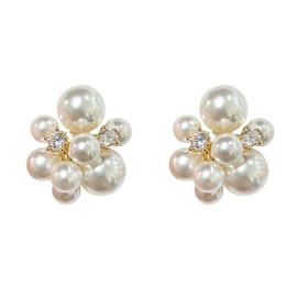 Dainty Cluster Pearl Rhinestone Statement Earrings,Sparkling Cubic Zirconia Bead Stud Earrings,Aesthetic Cluster Faux Pearl Earrings for Women (White)