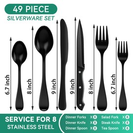 49-Piece Black Silverware Set with Organizer, Stainless Steel Flatware Set for 8 with Drawer Tray, Cutlery Steak Knives Fork Spoon for Home Restaurant, Mirror Finish