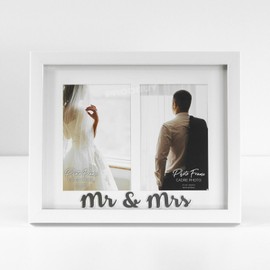 White Mr & Mrs Double Photo Frame 4x6" Free-Standing Wall Mounted Wedding Gift