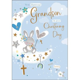 Grandson Christening Congratulations Card - Special Grandson - Rabbit and Moon Design - Special Finishes and Illustrated Insert Leaf - Made in the UK