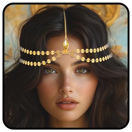 Banatra Boho Head Chain Gold Sequins Hair Chain Layered Headpiece Festival Wedding Costume Hair Accessories for Women (Gold, One Size)