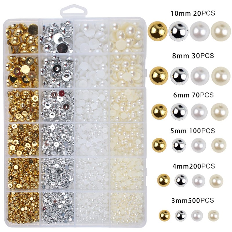 GZMAYUEN 920pcs Gold Silver Flatback Beads for Nails, Semi-Round White