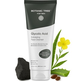 Botanic Tree Glycolic Acid Exfoliating Face Wash for Men - Facial Exfoliating Cleanser, Face Scrub - 10% Glycolic Acid with Activated Charcoal - Travel Size - 6 fl oz