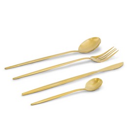 Juego de cubiertos de acero inoxidable de 24 piezas, Tenedor, Cuchara, Cuchillo, Set de cubiertos para 6 personas, Aptas para el lavavajillas (Dorado)