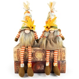 TACROART Thanksgiving Decorations – 2PCS Fall Gnomes Plush Shelf Sitters with Dangling Legs, Harvest Gnome Couple for Table Decor, Tiered Tray, Farmhouse Gnomes Gifts for Women