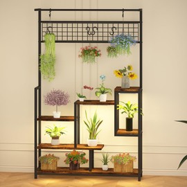 GarveeLife Plant Shelf with Grow Light, Tall Plant Stand Indoor, 7 Tiered Large Metal Shelf with Hanging Hooks, Multi-Purpose Display Rack, Flower Bonsai Pots Organizer for Balcony, Living Room