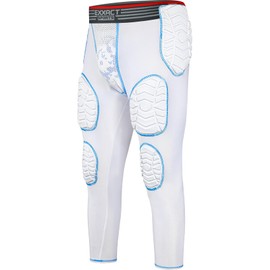 Exxact Sports Combat Men's Padded Compression Leggings, 7-Pad Football Girdle Pants with Cup Pocket, Integrated Hip, Thigh, Knee & Tailbone Protection for Game-Day (White, AL)