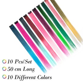 10Pcs 20" Rainbow Color Straight Hair Extensions Clip in Multi-Color Synthetic Coloured Clip on Hair Extension Party Highlights Hairpiece #Rainbow-2