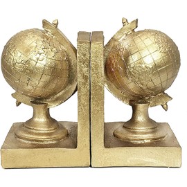 Bellaa 25693 Vintage Globe Bookends Decorative Tellurion Antiques Unique Old World Map Rustic Nonskid Book Ends Desk Bookshelf Shelves Stoppers Holder Farmhouse Boho Decor Gold