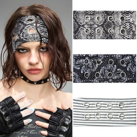 Mesovor 3 Pack Fashion Grommet Wide Headbands for Women, Hollow Out Eyelets Elastic Head Bands | Y2k Girls Punk Grunge Stretchy Hair Accessory (Waves, Cashew, Snakeskin, 3.9" wide)