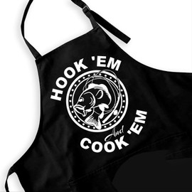 IHopes+ Funny Black Apron for Men,Hook 'em and Cook 'em Fishing Apron with 2 Pockets and Adjustable Neck Strap,Perfect Gifts for Birthday/Christmas/Thanksgiving X-Large