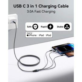USB C 3 in 1 Charging Cable,[2 Pack 6FT] Multi Charging Cable for Multiple Devices Braided Multi Charger Cable Universal Charger Cord with Type-C,Micro USB,IP Port for iPhone16/15/14/Android and More