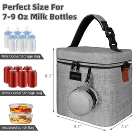 Fxady Breastmilk Cooler Bag with Ice Pack, Insulated Baby Bottle Tote Bag for 6 Bottles Up to 9 oz, Clip-On Pouch for Baby Essentials, Leakproof, Waterproof, Shoulder Strap for Nursing Moms, Grey