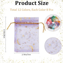 Beebeecraft 96Pcs 12 Colors Organza Bags Gold Stamping Stars White Red Blue Pink Drawstring Mesh Bags Rectangle Candy Gifts Storage Favor Pouches for Christmas Wedding Party (3.5x2.5 Inch)