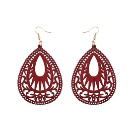 Bohemian Geometric Wood Earrings for Women Vintage Natural Wooden African Lightweight Teardrop Dangle Earrings Statement Boho Jewelry-wine red