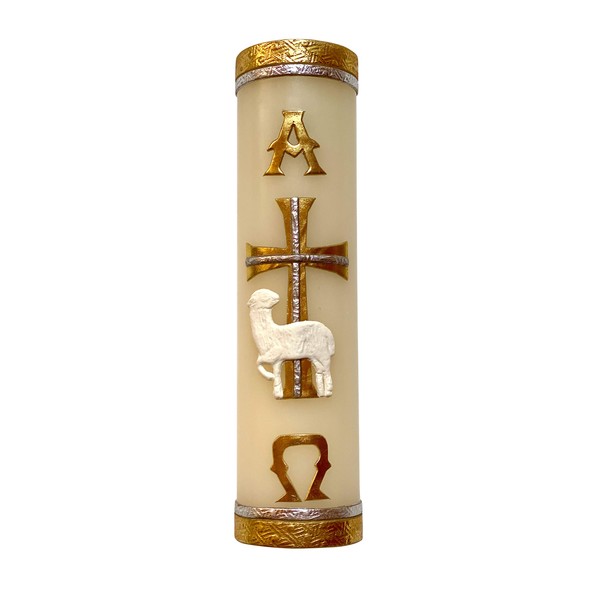 Unique Paschal Gold-Tone Candle Alpha Omega Cross Sheep