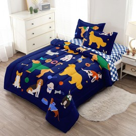 Leaflin Cartoon Dog Bedding Set Twin Size 5Pcs All Kinds of Dogs Animal Themed Comforter Colourful Puppy Quilt for Kids Teens Girls Boys Bed Decor Bed in a Bag