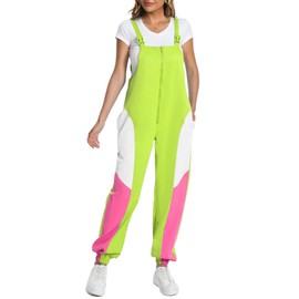 Womens Retro 80s 90s One Piece Outfit Neon Windbreaker Overalls Theme Party Jumpsuit Rompers (US, Alpha, Small, Regular, Regular, Neon Yellow)