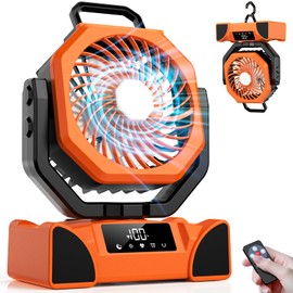 3-In-1 Camping Fan with Strong 5 Speed, 20000mAh Cordless Rechargeable Portable Fan, Outdoor USB C Tent Fans Battery Powered with LED Light, Display Screen for Travel, Home,Beach, Power Outage, Orange