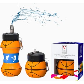 Kids Sports WaterBottle Collapsible Ball Shaped Drinking Cup Leak Proof School Lunch MugShockproof Squeezable Basketball Soccer Baseball Football Champion Team (Orange, Black and Blue)