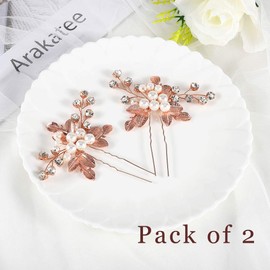 Zoestar Bridal Wedding Hair Pins Crystal Headpiece Pearl Hair Clips Bridal Leaf Hair Accessories for Women and Girls (Pack of 2) (Rose Gold)