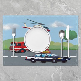 Feelyou Fire Truck Table Place Mats 18"x12" Kids Police Car Washable Fabric Decoration Table Mats Placemat Aircraft Placemat Kitchen Dining Table Car Table Mats