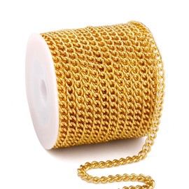 33FT 18K Gold Plated Stainless Steel Curb Chain Roll, 5mm 304 Stainless Steel Flat Twisted Links Curb Chains Bulk for Jewelry Making Necklace DIY Craft