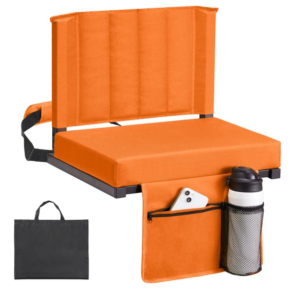 HABUTWAY Stadium Seat for Bleachers with Back Support and Thick Cushion, Wide Bleacher Seat with Shoulder Strap and Side Pocket Hold up 350lbs Bench Chair for Bleachers(Orange)