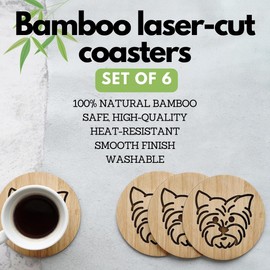 Set of 6 Bamboo Coasters with Holder - 3.9" Fun Dog Coasters - Non-Stick Absorbent Engraved Laser-Cut Coasters with Dog Face - Durable, Washable - Designed in U.S.A. (Yorkie)