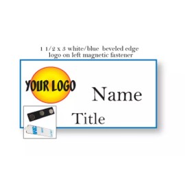 ABC BADGES AND BUTTONS 1 WHITE /  BLUE NAME BADGE COLOR LOGO ON LEFT 2 LINES OF IMPRINT MAGNET FASTENER