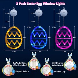 3 Pack Easter Window Lights Hanging Decorations Yellow Blue Pink Easter Egg Lights with Suction Cup, Outdoor Easter Decorations Indoor Battery Operated Easter Lights for Home Door Wall Easter Decor