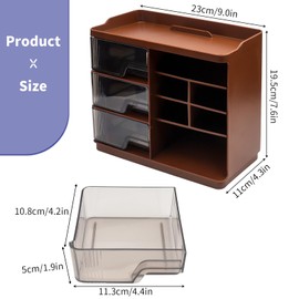 Roellgs Desk Organiser with Drawers, Multifunctional Pen Holder Desk with 4 Compartments and 3 Drawers, Office Organiser Desk and Accessories (Coffee)