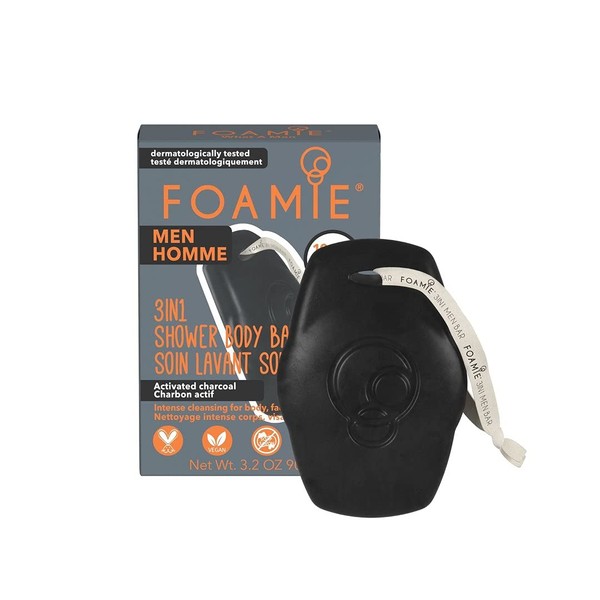 Foamie 3-in-1 Solid Cleaner for Men with Activated Carbon, Solid Shampoo, Face Cleanser and Shower Gel for Men in 1, Vegan Without Plastic, 90 g