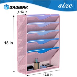 Gawerk 6 Tier Hanging File Organizer, Mesh Wall File Holder Paper Folder Rack with Bottom Flat Tray for Office Home, Pink