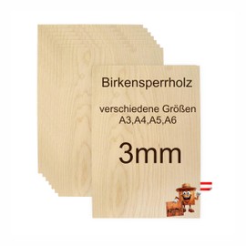 KF-Holz Pack of 10 Birch Plywood Sheets (A5 210 x 148 x 3 mm) - High-Quality Multiplex Panels for Crafts, Wood Cuts, Model Making