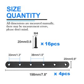 sourcing map Straight Bracket Stainless Steel 198x20mm Flat Brace Corner Fastener with Screws for Flat Straight Corner Mounting Wall Brackets Black Color 4 Pcs