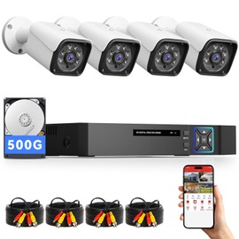 VORGUT Wired Security Camera System Outdoor, 4CH 5MP Lite AHD DVR with 500G Hard Drive, 4 x 5MP Wired CCTV Camera, Indoor/Outdoor Surveillance DVR Kit with Human Detection, Night Vision