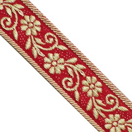 JL 355 Jacquard Metallic Gold Daisy Floral Vine red Ribbon Trim 1-3/16" (30mm) 5 Yards DIY for Sewing Crafting Home Decor, Wedding, Gift Wrapping