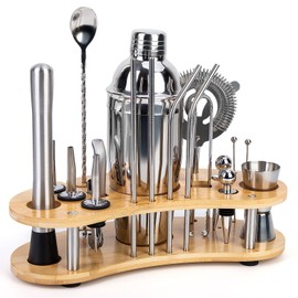 Cocktail Shaker Set,19-Piece Bartender Kit with Stand,Bar Tool Set:Martini Shaker,Jigger,Ice Strainer,Corkscrew,Mixer Spoon,Muddler, Liquor Pourers,for Drink Mixing,Bar,Home,Party (Silver)