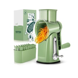 SUSTEAS Green Rotating Kitchen Cheese Grater Food Chopper with 5 Well-Designed Blades and Strong Suction Cup Base, Comes with 1 Blade Storage Box Utensil Springtok - Color: Green