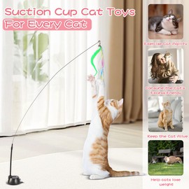 Kojude Cat Wand Toys with Suction Cup,Interactive Bird Simulation Cat Toy Set,Include 1 Replacement Birds and 5 Feather Toys with Bells